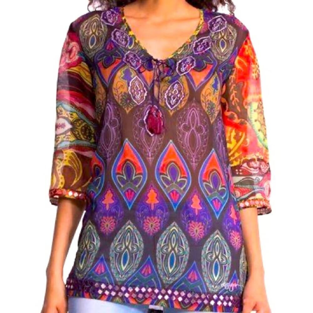 Desigual Rugos Embroidered Geometric Sheer Chiffon Kaftan Blouse Multi Women's M - Picture 1 of 9